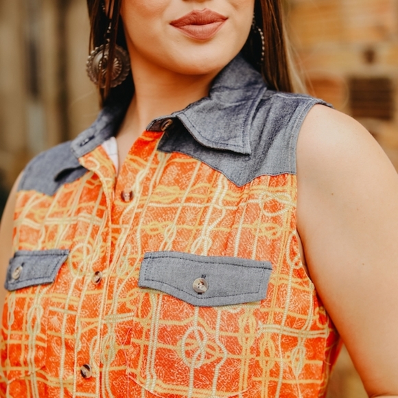 Round em Up! Lasso Top Chambray Demin Fall Orange Blue - Picture 4 of 4